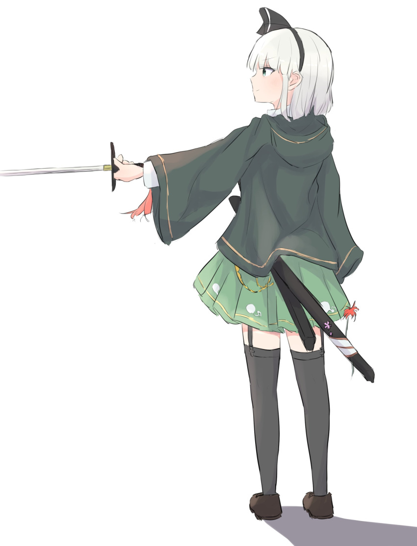 1girl absurdres black_hairband black_ribbon black_thighhighs brown_footwear closed_mouth from_behind full_body garter_straps green_eyes green_jacket green_skirt grey_hair hair_ribbon hairband highres hitodama_print holding holding_sword holding_weapon hood hood_down hooded_jacket jacket konpaku_youmu light_blush light_smile long_sleeves looking_to_the_side medium_hair outstretched_arm pleated_skirt pointing pointing_sword profile refuson_man ribbon scabbard sheath shoes simple_background sketch skirt solo standing sword thigh-highs touhou unsheathed weapon white_background wide_sleeves
