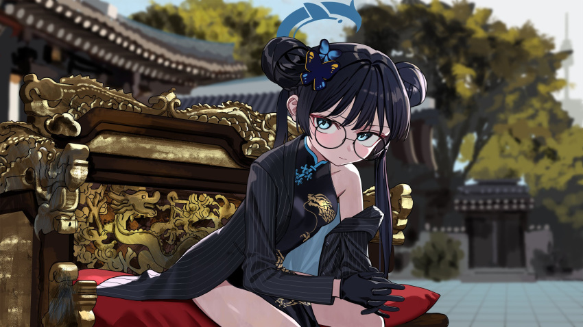 1girl architecture black_coat black_dress black_gloves blue_archive blue_eyes blurry blurry_background butterfly_hair_ornament china_dress chinese_clothes choppy_bangs coat cropped_legs double_bun dragon_print dress east_asian_architecture glasses gloves hair_bun hair_ornament halo highres kisaki_(blue_archive) long_hair looking_at_viewer luicent off_shoulder sidelocks sitting sky throne tile_floor tiles tree twintails