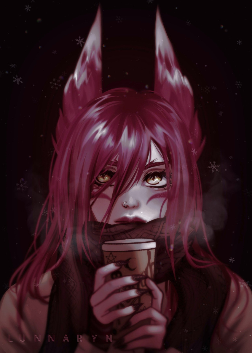 1girl animal_ears black_nails breath coffee facial_mark highres jewelry league_of_legends long_hair lunnaryn nail_polish nose_piercing nose_ring piercing redhead scarf snowflakes watermark winter xayah yellow_eyes