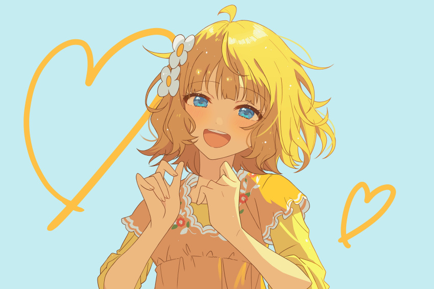 1girl absurdres ahoge amiran_(_q_mo) blue_background blue_eyes brown_hair commentary dress flat_chest floral_print flower hair_flower hair_ornament half-closed_eyes hands_up heart highres idolmaster idolmaster_million_live! light_blush long_sleeves looking_at_viewer medium_hair messy_hair open_mouth print_dress sidelocks smile solo suou_momoko teeth upper_body upper_teeth_only yellow_dress