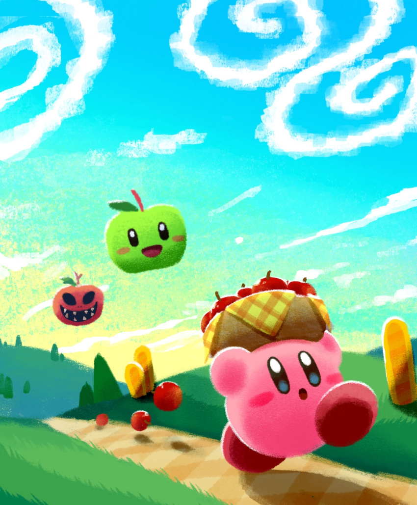 :d :o apple arms_up aruco_co basket blue_eyes blue_sky blush blush_stickers clouds commentary day evil_smile food fruit gradient_sky grass highres hill holding holding_basket kirby kirby_(series) mister_anglep no_humans open_mouth outdoors path running sharp_teeth sky smile symbol-shaped_pupils teeth tree yellow_sky