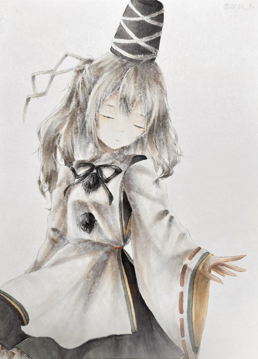 0801_nu 1girl black_headwear black_skirt closed_eyes closed_mouth commentary_request grey_background grey_hair hat highres japanese_clothes kariginu long_sleeves medium_hair mononobe_no_futo pom_pom_(clothes) ribbon-trimmed_sleeves ribbon_trim simple_background skirt solo tate_eboshi touhou wide_sleeves