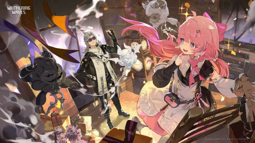 1boy 1girl aalto_(wuthering_waves) absurdres anke_(wuthering_waves) banner blue_eyes bow box climbing confetti dress flower_in_eye gift gift_box grey_hair hair_ornament hairclip halloween hand_on_own_hip highres ladder low_twintails official_art pink_hair smile sparkle sunglasses symbol_in_eye thumbs_up twintails window wuthering_waves