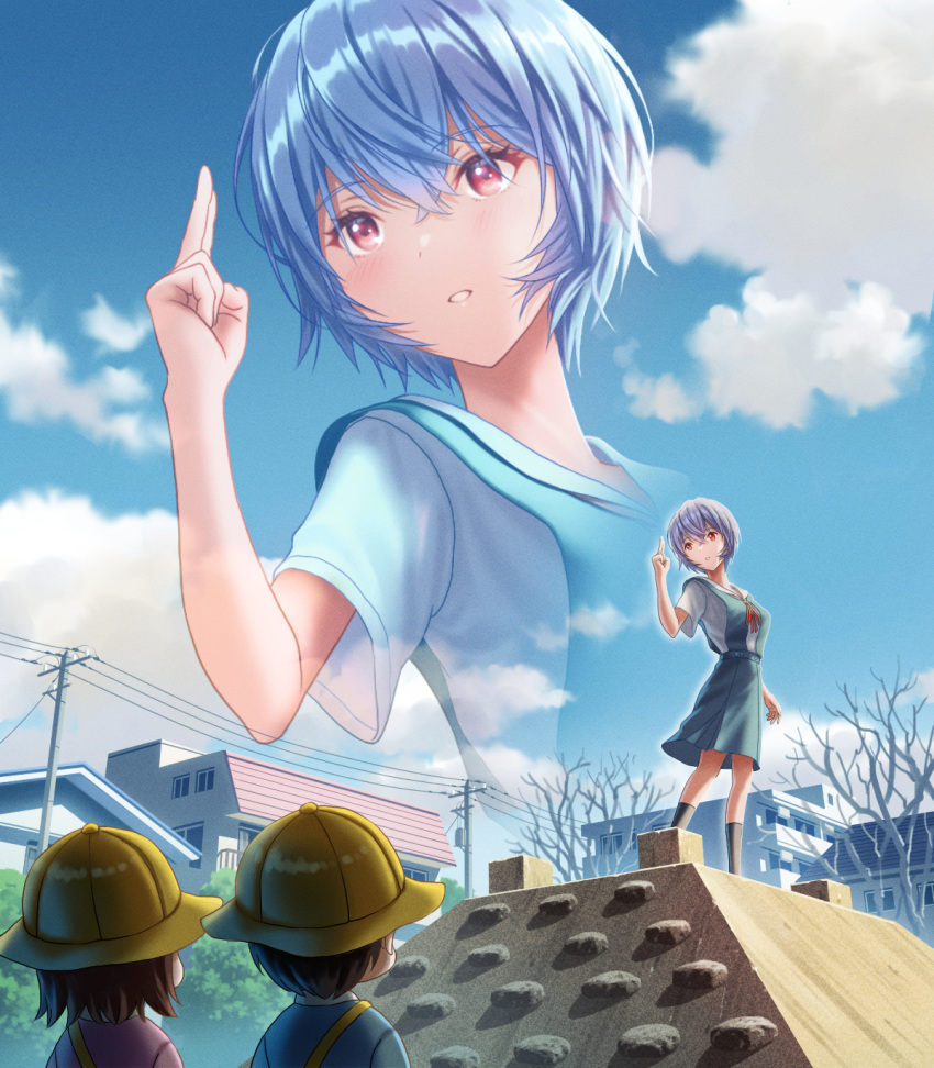1boy 2girls age_difference ayanami_rei bare_tree black_socks blue_hair blue_skirt blue_sky blush bow bowtie breasts brown_hair building bush chuunibyou cityscape climbing_wall clouds collared_shirt commentary cumulonimbus_cloud day dress_shirt film_grain foliage from_behind from_below hand_up height_difference highres house kindergarten_uniform light_blush light_smile looking_afar looking_ahead looking_at_another medium_breasts multiple_girls neck_ribbon neon_genesis_evangelion outdoors parted_lips playground pleated_skirt power_lines red_bow red_bowtie red_eyes red_ribbon ribbon salute school_uniform shirt short_hair short_sleeves skirt sky smile socks standing tokyo-3_middle_school_uniform tree two-finger_salute utility_pole white_shirt yahha zoom_layer
