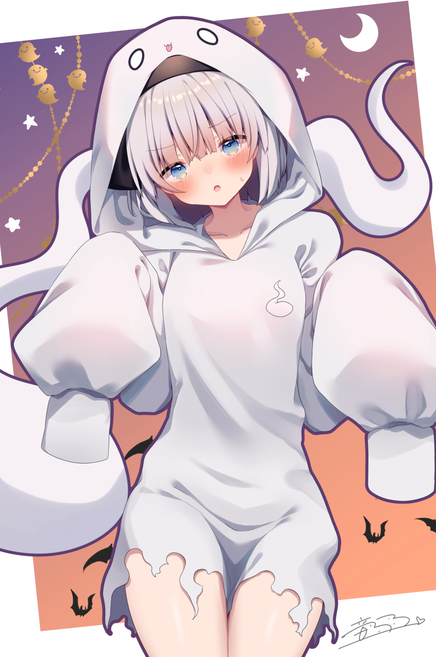 absurdres black_hairband blue_eyes blush bob_cut commentary frayed_clothes ghost_costume grey_hair hairband halloween halloween_costume highres hood hoodie konpaku_youmu looking_at_viewer open_mouth otowa_(otoha4634) oversized_clothes short_hair sleeves_past_fingers sleeves_past_wrists touhou white_hoodie