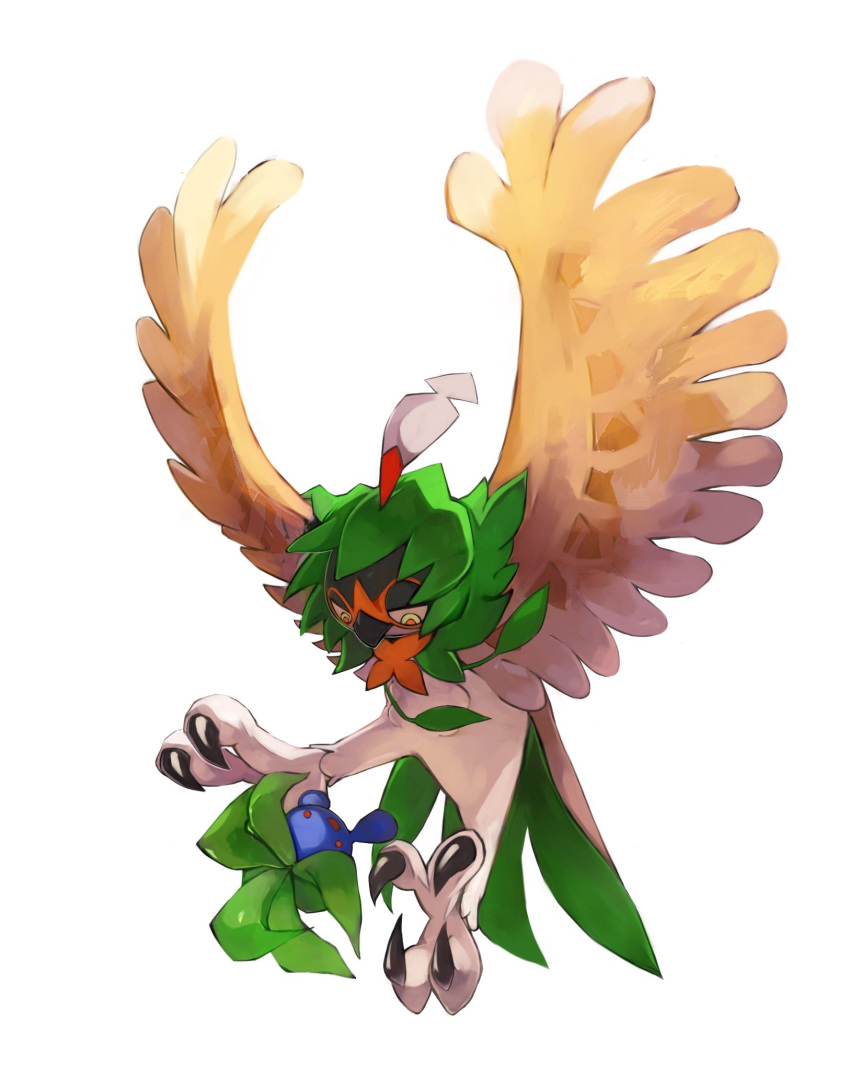 animal_focus beak bird commentary_request decidueye feathers gara_(qbeuxvii22) green_feathers highres hood no_humans oddish open_mouth owl pokemon pokemon_(creature) pokemon_(game) pokemon_rgby pokemon_sm red_eyes simple_background talons white_background wings