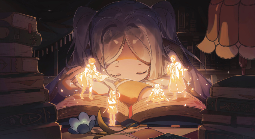 1girl absurdres blue_flower book closed_eyes desk_lamp dreaming flower frieren glowing highres lamp long_hair magic open_book pile_of_books pointy_ears shinyshynii sleeping sousou_no_frieren sparkle thick_eyebrows twintails white_hair