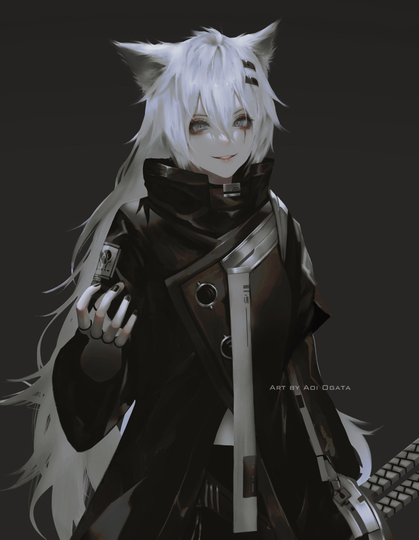 1girl animal_ear_fluff animal_ears aoi_ogata arknights artist_name black_coat black_jacket black_nails black_shorts coat commentary commission english_commentary fingerless_gloves gloves grey_background grey_eyes grey_gloves hair_between_eyes hair_ornament hairclip hand_up highres jacket lappland_(arknights) long_hair long_sleeves looking_at_viewer nail_polish parted_lips scar scar_across_eye scar_on_face shorts simple_background smile solo sword very_long_hair weapon white_hair wolf_ears wolf_girl