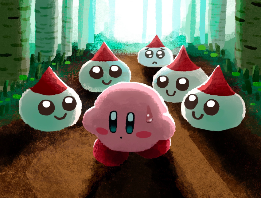 aruco_co birch_tree bloom blue_eyes blush blush_stickers closed_mouth forest frown grass highres kirby kirby_(series) looking_at_another nature nervous no_humans outdoors path pleading_eyes raised_eyebrows shadow smile sweatdrop tick_(kirby) tree walking