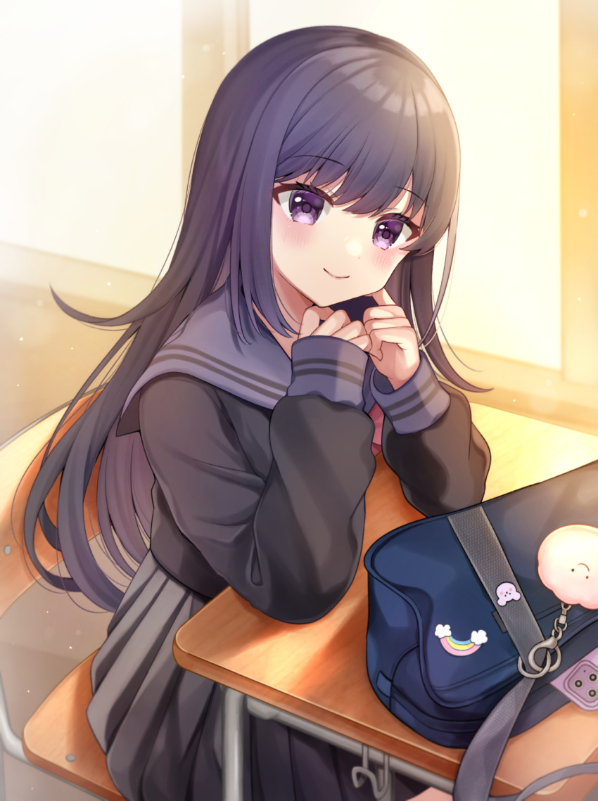 1girl bag bag_charm black_hair black_serafuku black_shirt black_skirt cellphone chair charm_(object) closed_mouth commentary_request desk hair_between_eyes hands_up highres indoors long_sleeves looking_at_viewer minami_saki on_chair original phone pleated_skirt puffy_long_sleeves puffy_sleeves purple_sailor_collar sailor_collar school_bag school_chair school_desk school_uniform serafuku shirt sitting skirt smile solo sunlight violet_eyes window