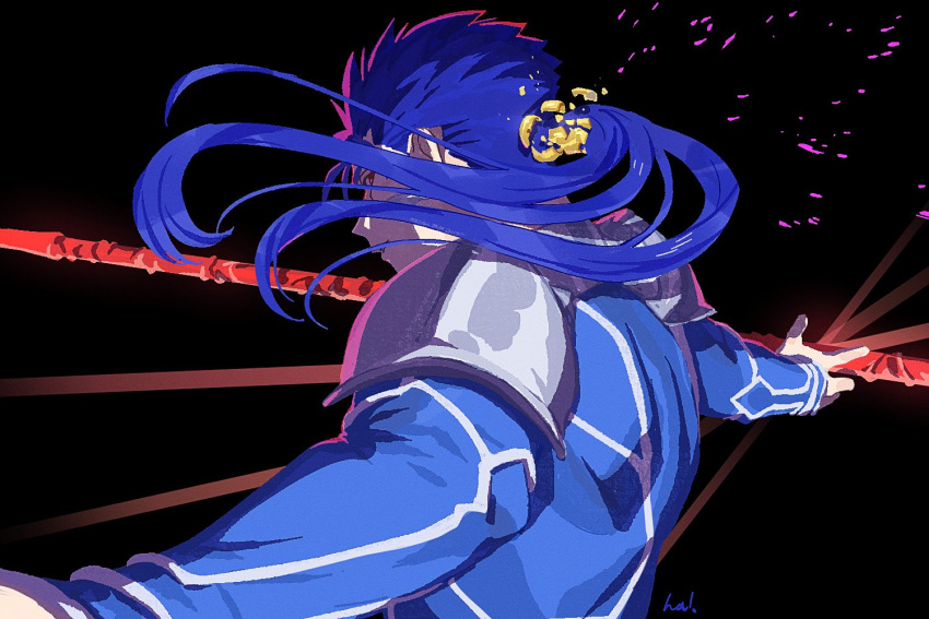 1boy armor black_background blue_bodysuit bodysuit cu_chulainn_(fate) cu_chulainn_(fate/stay_night) fate/stay_night fate_(series) from_side gae_bolg_(fate) hal_(haaaalhal) long_hair looking_back male_focus outstretched_arms parted_lips polearm red_eyes shattered shoulder_armor simple_background solo spear weapon