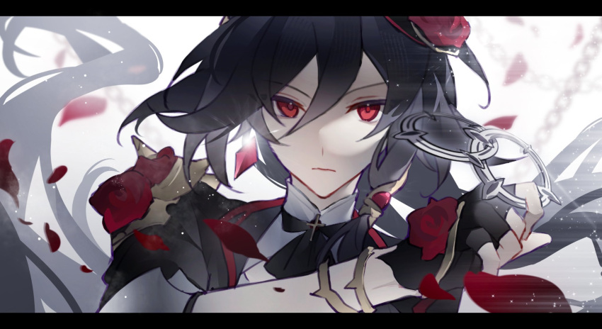 1girl black_gloves black_hair chinese_commentary closed_mouth fingerless_gloves flower fu_hua fu_hua_(night_squire) gloves haruka_(rsyaooooo) highres honkai_(series) honkai_impact_3rd long_hair looking_at_viewer official_alternate_costume red_eyes red_flower simple_background solo upper_body
