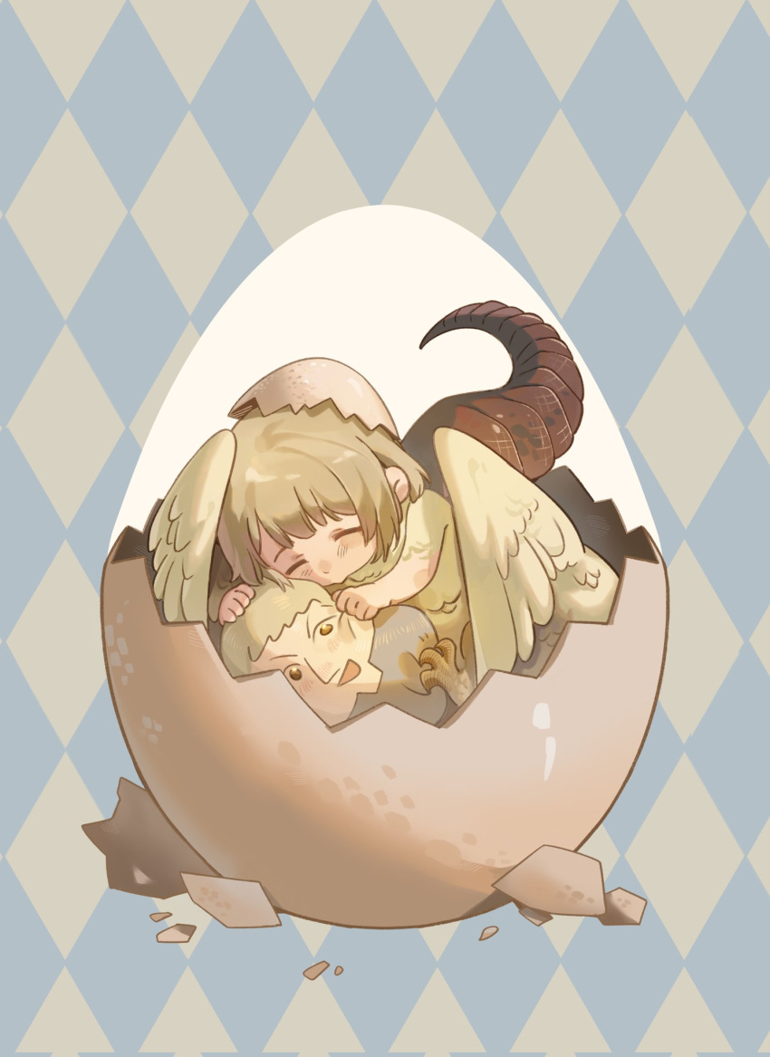 1girl argyle argyle_background blonde_hair character_doll chibi chimera closed_eyes dragon_girl dragon_tail dungeon_meshi egg eggshell eggshell_hat falin_thorden feathered_wings happy hatching highres hugging_doll hugging_object koucailiao1 laios_thorden light_brown_hair monster_girl short_hair solo spoilers stuffed_toy tail two-tone_background wings