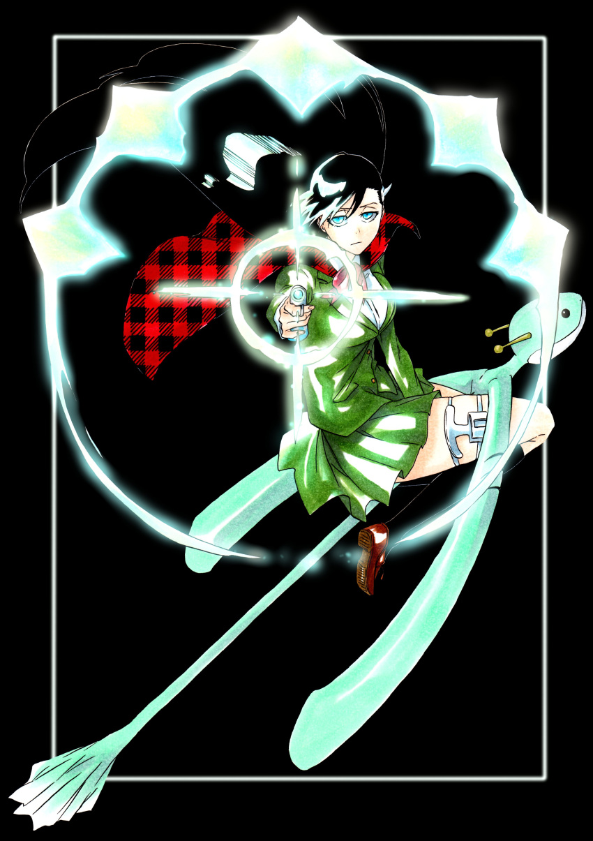 absurdres black_background black_hair blue_eyes breasts burn_the_witch casting_spell closed_mouth dragon dragon_riding expressionless floating_clothes floating_hair green_jacket green_skirt gun hair_ornament half-closed_eyes handgun highres holding holding_weapon incoming_attack jacket ken'ichi_(ken1ro_u) kneehighs large_breasts niihashi_noel plaid_capelet pointing_weapon school_uniform shirt skirt socks weapon white_shirt