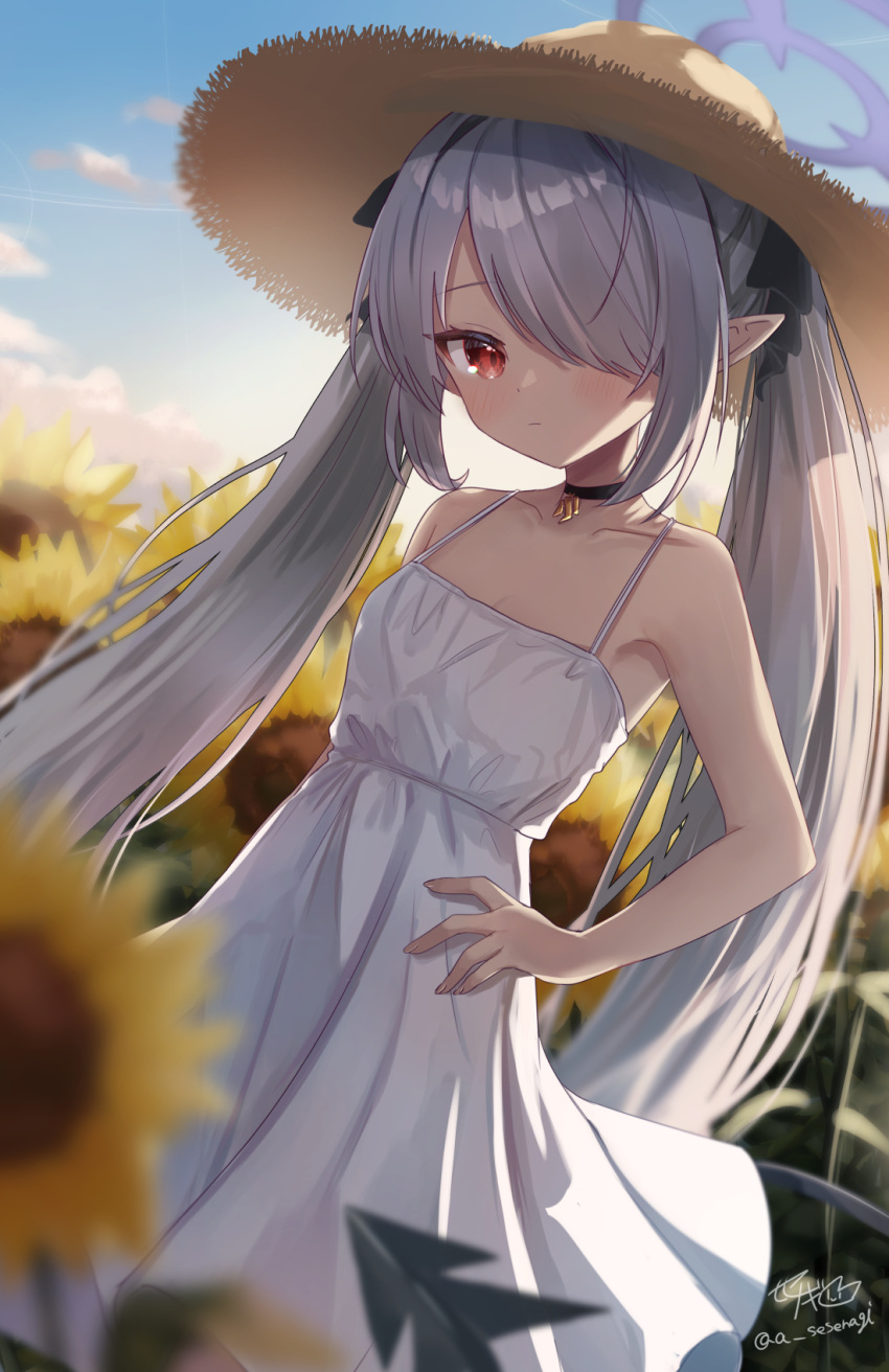 1girl alternate_costume backlighting bare_arms bare_shoulders black_choker blue_archive blue_sky blurry blush breasts choker closed_mouth clouds collarbone commentary_request dark-skinned_female dark_skin demon_tail depth_of_field dress expressionless field flower flower_field grey_hair hair_over_one_eye halo hand_on_own_hip hat highres iori_(blue_archive) long_hair looking_at_viewer morning one_eye_covered outdoors pointy_ears purple_halo red_eyes sese_nagi signature sky sleeveless sleeveless_dress small_breasts solo spaghetti_strap straw_hat sun_hat sundress sunflower sunflower_field tail tsurime twintails very_long_hair white_dress