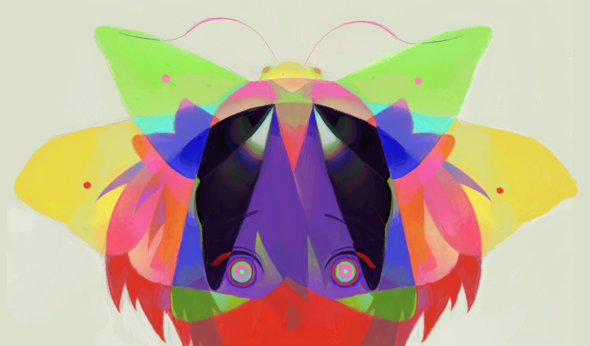 1girl absurdres animal animal_request aqua_eyes bedemientay1802 blue_eyes bow bug colored_skin commentary double_exposure green_eyes hair_between_eyes hair_bow highres kaname_madoka looking_at_viewer mahou_shoujo_madoka_magica multicolored_eyes pink_eyes pink_hair portrait red_eyes red_skin ringed_eyes simple_background straight-on twintails