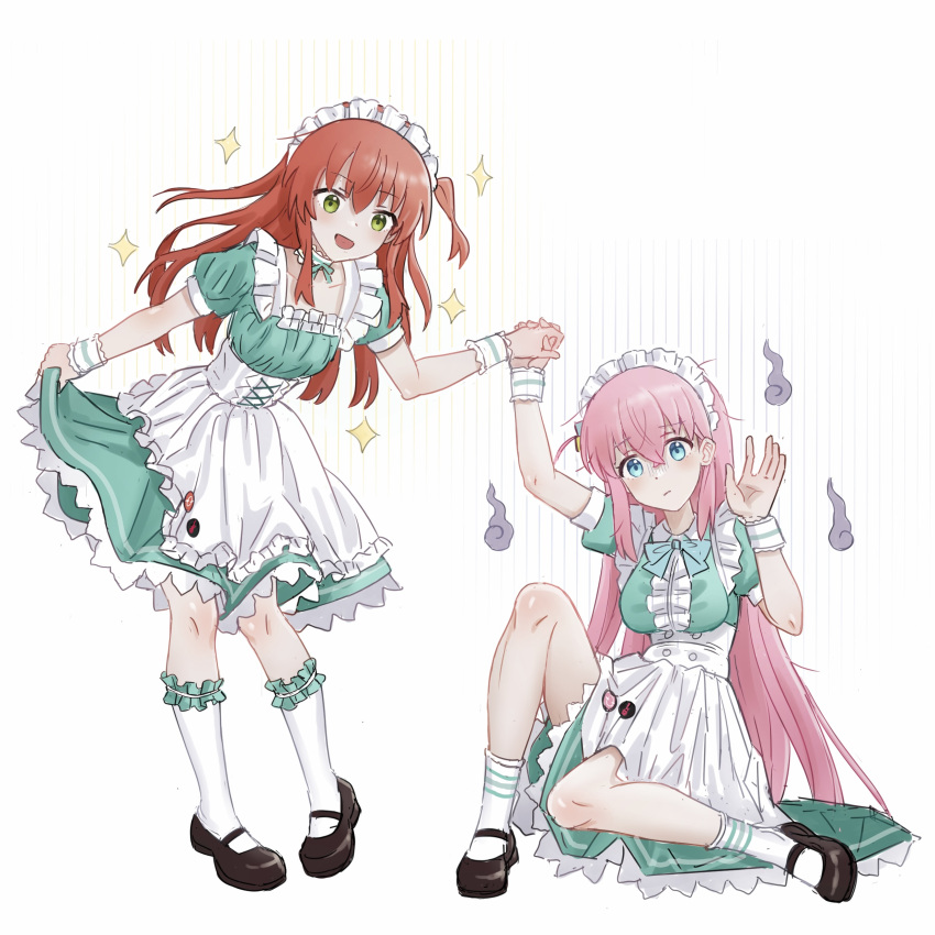 2girls absurdres aqua_dress armband bestramos blue_eyes bocchi_the_rock! brown_footwear cube_hair_ornament dress gotoh_hitori hair_ornament highres holding_hands interlocked_fingers kita_ikuyo long_hair looking_at_another looking_at_viewer maid maid_headdress multicolored_clothes multicolored_dress multiple_girls pink_hair redhead side_ponytail sitting smile socks sparkle standing very_long_hair white_armband white_background white_dress white_socks yellow_eyes yuri