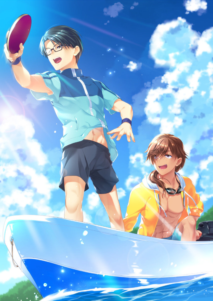 2boys abs black-framed_eyewear black_hair black_shorts blue_shirt blue_sky blue_wrist_cuffs boat brown_eyes brown_hair clouds commentary dark-skinned_male dark_skin day eyes_visible_through_hair fang feet_out_of_frame glasses goggles goggles_around_neck hair_between_eyes highres jacket kanou_tenzen long_hair looking_afar looking_at_another mitani_ryouichi multiple_boys non-web_source open_clothes open_jacket open_mouth outdoors paddle ponytail satomi_yoshitaka semi-rimless_eyewear shirt short_hair short_sleeves shorts sidelighting sky smile summer_pockets sunlight swim_goggles table_tennis_paddle tan teeth upper_body upper_teeth_only upturned_eyes violet_eyes water watercraft yellow_jacket