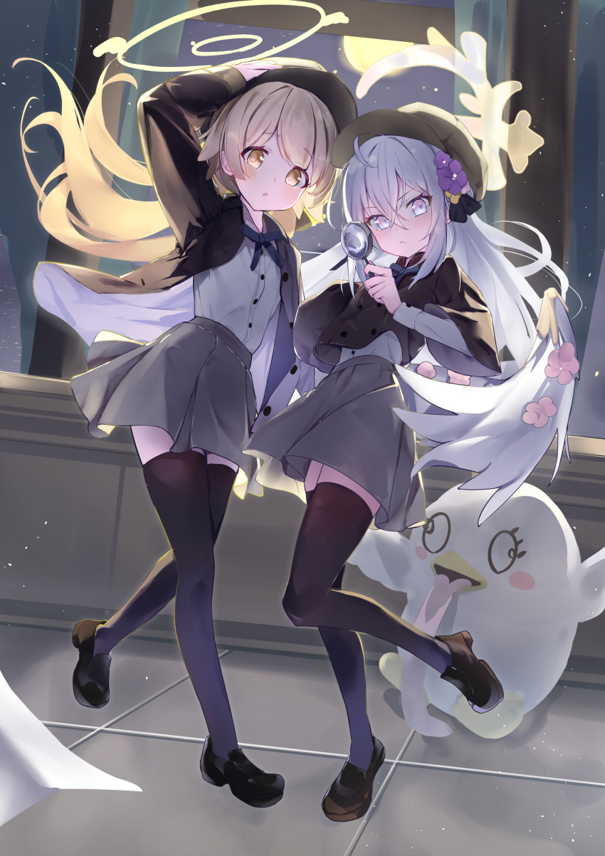 2girls absurdres angel_wings azusa_(blue_archive) black_footwear black_headwear black_thighhighs blue_archive blush buttons closed_mouth detective feathered_wings grey_skirt hair_between_eyes halo hat hifumi_(blue_archive) highres holding holding_magnifying_glass light_brown_hair long_hair low_twintails magnifying_glass multiple_girls peroro_(blue_archive) pink_eyes pleated_skirt shirt shoes skirt thigh-highs twintails white_hair white_shirt white_wings wings yamada_auto yellow_eyes yellow_halo