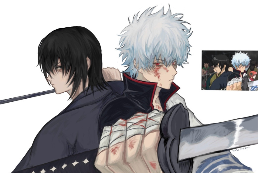 2boys bandages black_hair blood commentary gintama highres holding japanese_clothes katana katsura_kotarou looking_at_viewer multiple_boys red_eyes reference_inset sakata_gintoki sword symbol-only_commentary txasttszu weapon white_background white_hair