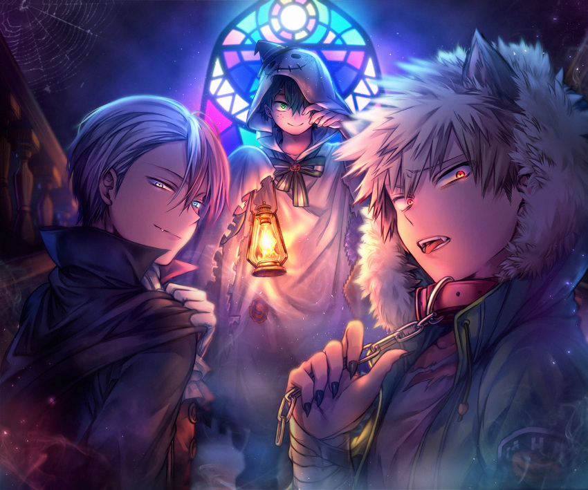3boys animal_collar animal_ears ascot backlighting badge bakugou_katsuki bandaged_wrist bandages black_cape black_nails blonde_hair bloom blue_eyes blurry blurry_background boku_no_hero_academia bow bowtie brooch burn_scar cape cape_grab chain chain_leash cloak closed_mouth clothes_grab collar collared_cape commentary copyright_name cowlick depth_of_field drawstring english_commentary fang fang_out fangs fingernails freckles fur-trimmed_hood fur_trim ghost_costume gloves glowing glowing_eyes green_eyes green_hair green_jacket grey_eyes grey_shirt hair_between_eyes hair_over_one_eye hairstyle_request halloween halloween_costume hand_up handrail hands_up hat heterochromia highres holding holding_chain holding_lantern holding_leash hood hood_up hooded_jacket indoors jacket jewelry lantern leash light looking_at_viewer looking_to_the_side male_focus midoriya_izuku mini_hat mini_witch_hat multicolored_hair multiple_boys official_alternate_costume official_alternate_hairstyle open_mouth patch popped_collar pumpkin_brooch railing raised_eyebrow red_collar red_eyes redhead ryutaro_(ryuuuuutaaaxxxx) scar scar_on_face sharp_fingernails shirt short_hair silk smile smoke spider_web spiky_hair split-color_hair stained_glass striped striped_bow striped_bowtie todoroki_shouto tongue tongue_out torn_cloak torn_clothes torn_shirt turning_head two-sided_cape two-sided_fabric two-tone_hair upper_body vampire_costume werewolf_costume white_ascot white_gloves white_hair witch_hat wolf_ears wooden_railing