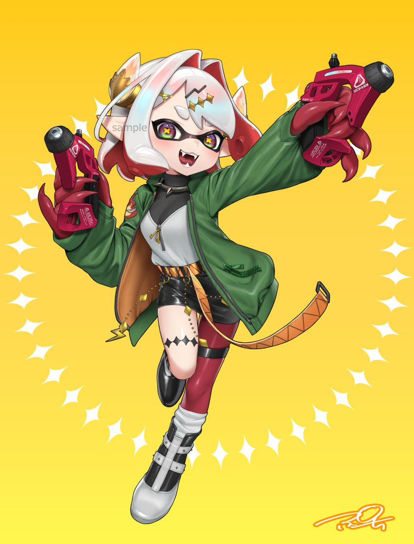 1girl belt black_footwear boots choker claws commission dapple_dualies_(splatoon) dot_nose dual_wielding fang green_jacket gun hair_ornament hairclip highres holding holding_gun holding_weapon inkling inkling_girl jacket key long_sleeves multicolored_hair open_mouth pointy_ears puchiman redhead safety_pin sample_watermark short_hair signature simple_background solo spiked_choker spikes splatoon_(series) sweater turtleneck turtleneck_sweater two-tone_hair violet_eyes watermark weapon white_footwear white_hair yellow_background zipper