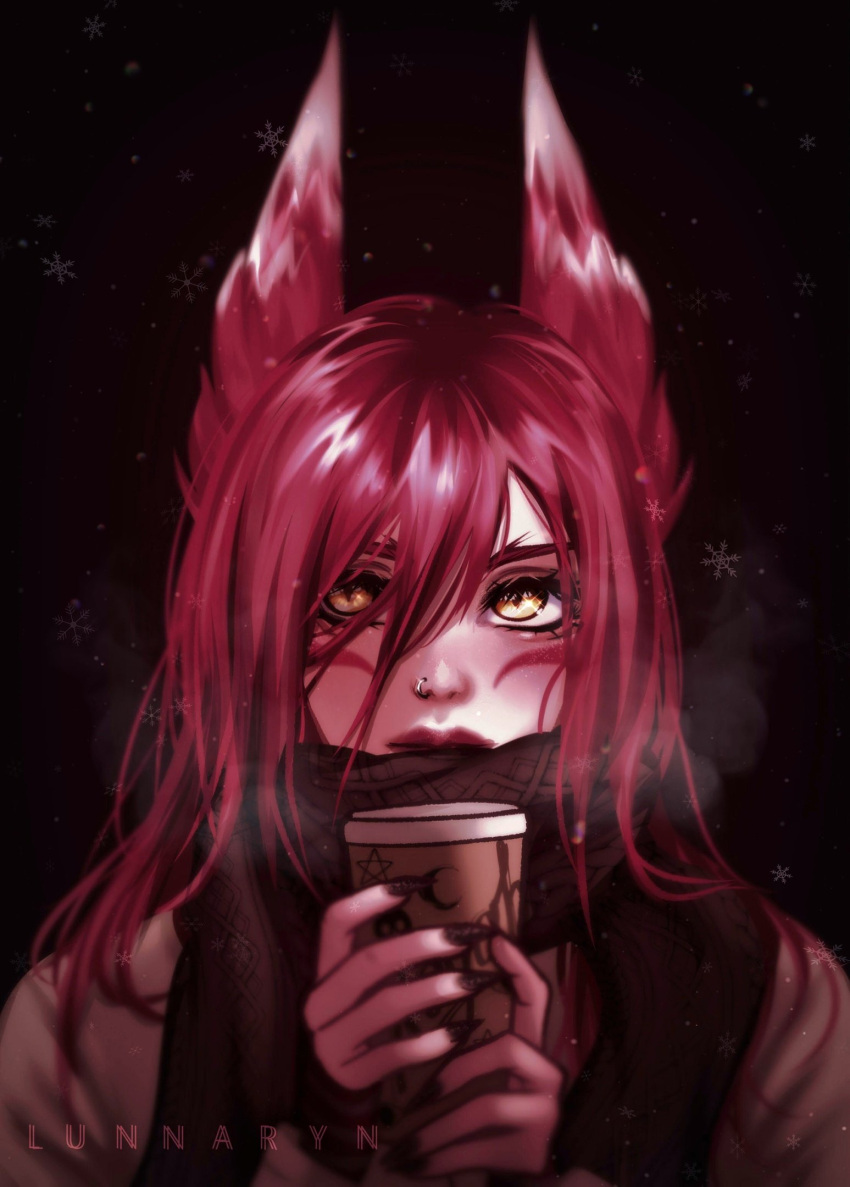 1girl animal_ears black_nails breath coffee facial_mark highres jewelry league_of_legends long_hair lunnaryn nail_polish nose_piercing nose_ring piercing redhead scarf snowflakes watermark winter xayah