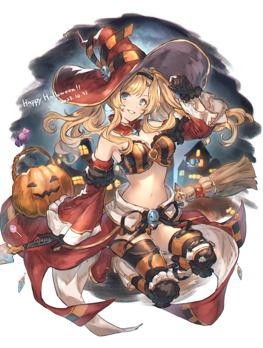 1girl :d alternate_costume black_gloves black_hairband blonde_hair blue_eyes broom candy detached_collar detached_sleeves food gloves granblue_fantasy hairband halloween happy_halloween hat highres looking_at_viewer midriff night night_sky official_alternate_costume polearm shimatani_azu sky smile spear stomach thigh-highs twintails weapon witch_hat wrapped_candy zeta_(granblue_fantasy) zeta_(halloween)_(granblue_fantasy)