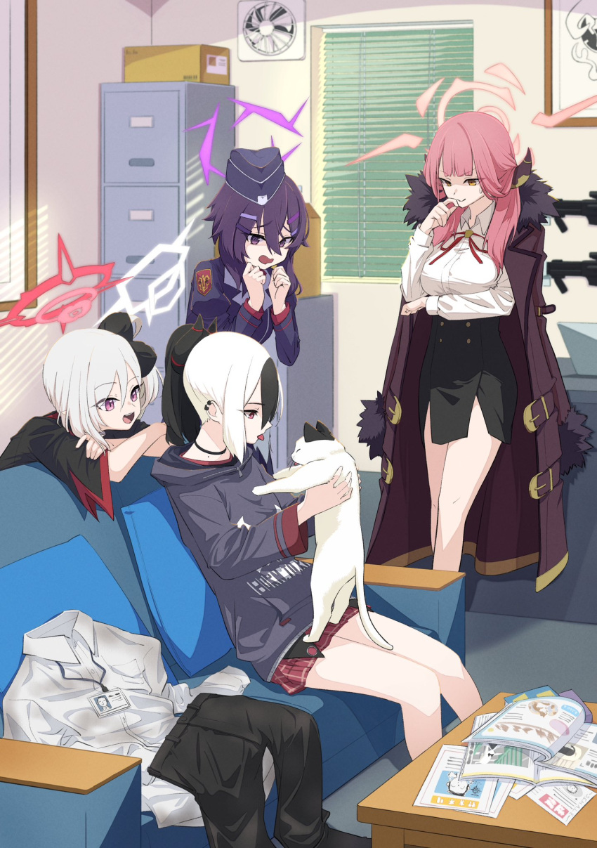 4girls akimitsu611 animal aru_(blue_archive) black_hair black_headwear black_hoodie black_horns black_skirt blue_archive box breasts brown_coat cat closed_mouth coat coat_on_shoulders collared_shirt demon_horns fur-trimmed_coat fur_trim garrison_cap hair_between_eyes hair_ornament hair_scrunchie halo haruka_(blue_archive) hat highres holding holding_animal hood hoodie horns indoors juliet_sleeves kayoko_(blue_archive) large_breasts long_hair long_sleeves multiple_girls mutsuki_(blue_archive) neck_ribbon open_mouth pencil_skirt pink_hair pink_halo ponytail problem_solver_68_(blue_archive) puffy_sleeves purple_hair purple_halo red_eyes red_ribbon red_skirt ribbon scrunchie shirt side_ponytail side_slit sitting skirt smile tongue tongue_out violet_eyes white_hair white_shirt window_blinds yellow_eyes