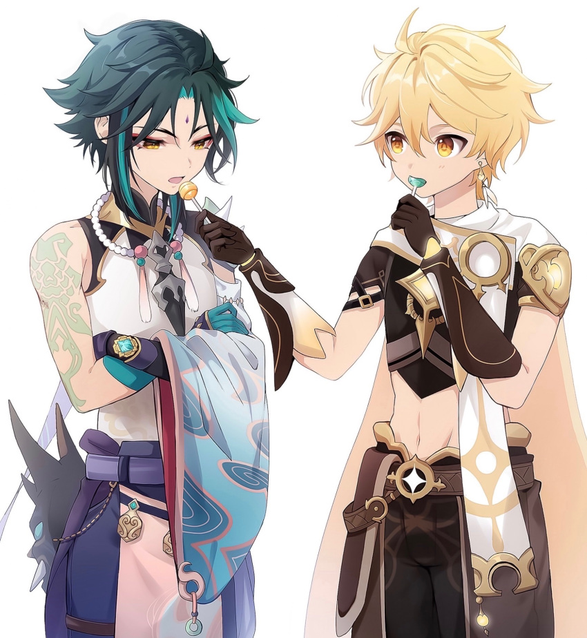 2boys aether_(genshin_impact) arm_tattoo armor beads blonde_hair brown_gloves brown_sleeves candy crop_top earrings eating food genshin_impact gloves green_hair hair_between_eyes highres holding holding_candy holding_food holding_lollipop jewelry lollipop long_hair male_focus multicolored_hair multiple_boys navel necklace nm_(u_ci2) open_mouth stomach tattoo vision_(genshin_impact) xiao_(genshin_impact) yellow_eyes