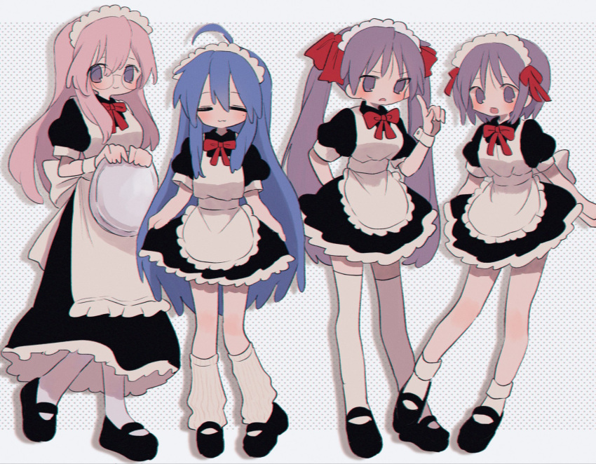 4girls :3 ahoge apron arm_behind_back arms_behind_back black-framed_eyewear black_dress black_footwear blue_hair bow bowtie closed_eyes closed_mouth dress dress_bow frilled_apron frilled_dress frills full_body glasses hair_between_eyes hair_bow hair_over_shoulder hand_up highres hiiragi_kagami hiiragi_tsukasa holding holding_tray index_finger_raised izumi_konata leg_warmers light_blush light_frown long_dress long_hair looking_at_another looking_at_viewer lucky_star maid maid_headdress mary_janes medium_dress medium_hair mole mole_under_eye multiple_girls no_nose no_pupils open_mouth outstretched_arms pantyhose parted_bangs pink_hair polka_dot polka_dot_background purple_hair raised_eyebrow red_bow red_bowtie ri_(qrcode) round_eyewear shoes short_eyebrows short_sleeves sidelocks simple_background smile socks standing straight_hair takara_miyuki thigh-highs tray tsurime twintails very_long_hair violet_eyes white_apron white_background white_pantyhose white_socks white_thighhighs wrist_cuffs zettai_ryouiki