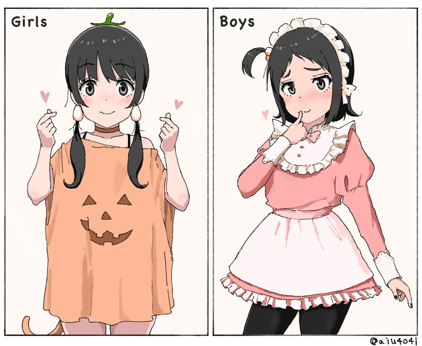 1boy 1girl aiu404l apron arm_at_side artist_self-insert black_hair black_nails closed_mouth commentary cowboy_shot crossdressing dot_nose double_finger_heart egg egg_(aiu404l) egg_hair_ornament english_commentary english_text finger_heart finger_to_mouth food-themed_hair_ornament frilled_apron frills grey_eyes hair_ornament halloween_costume hand_up hands_up heart highres jaggy_lines juliet_sleeves long_hair long_sleeves looking_at_viewer low_twintails maid maid_apron maid_headdress nail_polish one_side_up original otoko_no_ko puffy_sleeves short_hair short_twintails sidelocks smile standing tail twintails twitter_username waist_apron white_apron