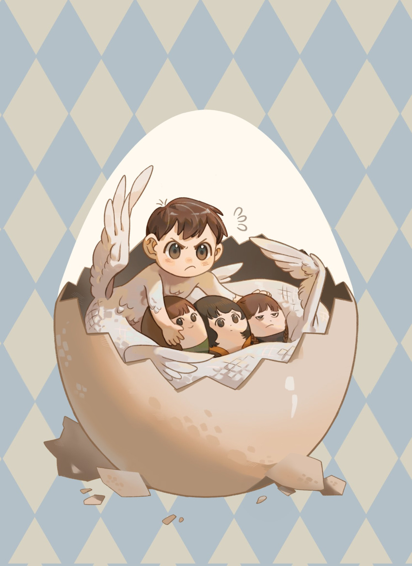 1boy argyle argyle_background blush brown_eyes brown_hair character_doll chibi chilchuck chimera dungeon_meshi egg eggshell feathered_wings flying_sweatdrops frown fullertom_(dungeon_meshi) hatching highres koucailiao1 looking_at_viewer male_focus mayjack_(dungeon_meshi) monster_boy monsterification packpatty_(dungeon_meshi) protecting short_hair snake_boy solo stuffed_toy two-tone_background white_wings wings