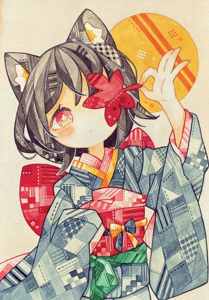 1girl absurdres animal_ear_fluff animal_ears arm_up autumn blush bright_pupils brown_hair cat_ears circle closed_mouth commentary_request cowboy_shot flower-shaped_pupils grey_kimono hands_up highres holding holding_leaf japanese_clothes kimono layered_clothes layered_kimono leaf long_sleeves looking_at_viewer lupin_strawberry medium_hair obi obiage obijime one_eye_covered original painting_(medium) patterned_clothing patterned_hair pink_kimono red_eyes red_sash sash solo symbol-shaped_pupils traditional_media watercolor_(medium) white_pupils wide_sleeves