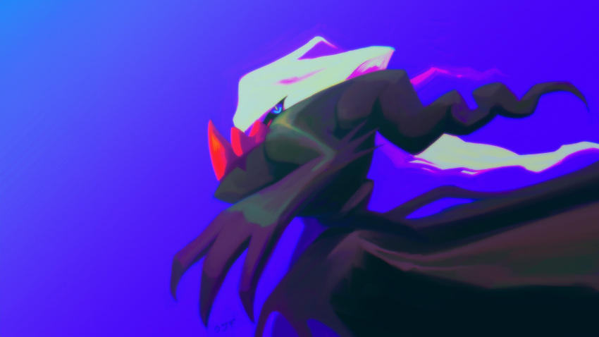 absurdres black_sclera blue_background blue_eyes bright_pupils colored_sclera commentary_request conejologia darkrai floating_hair from_side highres no_humans pokemon pokemon_(creature) solo white_hair white_pupils