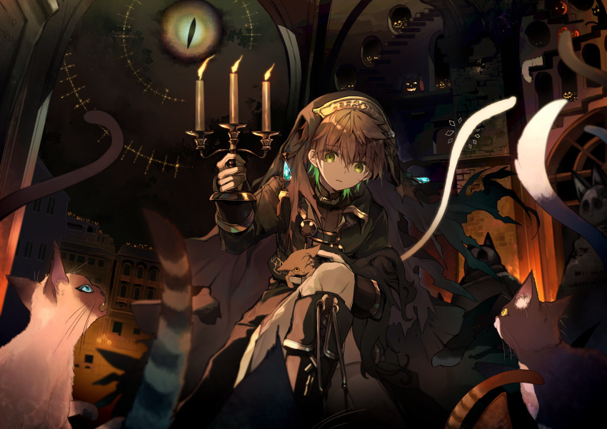 1boy absurdres blue_gemstone boots brown_hair candelabra candle candlestand cat cyawa fire gem green_eyes highres holding holding_candle jack-o'-lantern multicolored_hair original scared solo two-tone_hair