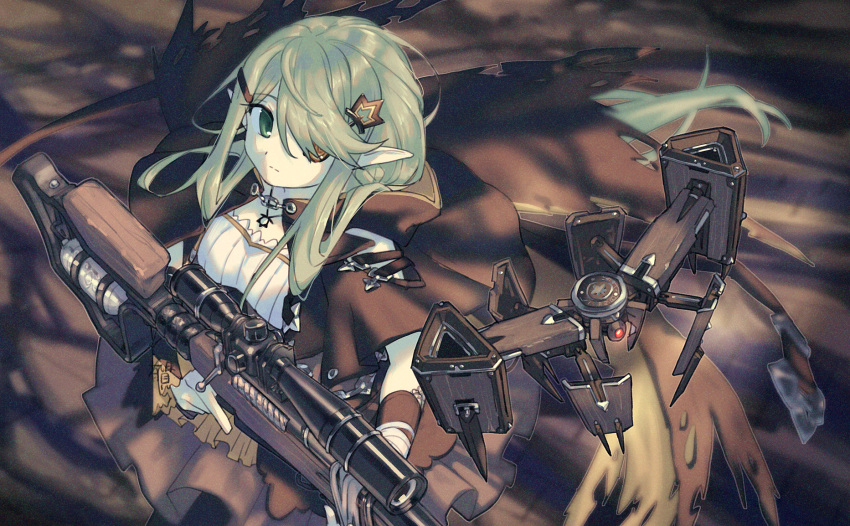 1girl android arigatoner black_cape black_capelet black_sclera brown_shirt brown_skirt cape capelet closed_mouth colored_sclera drone film_grain framed_breasts from_above girls_frontline green_eyes green_hair hair_ornament hair_over_one_eye hairclip halloween heterochromia highres holding holding_weapon long_hair looking_to_the_side mismatched_sclera official_alternate_costume pointy_ears scope shirt skirt solo tac-50 tac-50_(elf_helsing)_(girls'_frontline) tac-50_(girls'_frontline) trigger_discipline very_long_hair weapon yellow_eyes