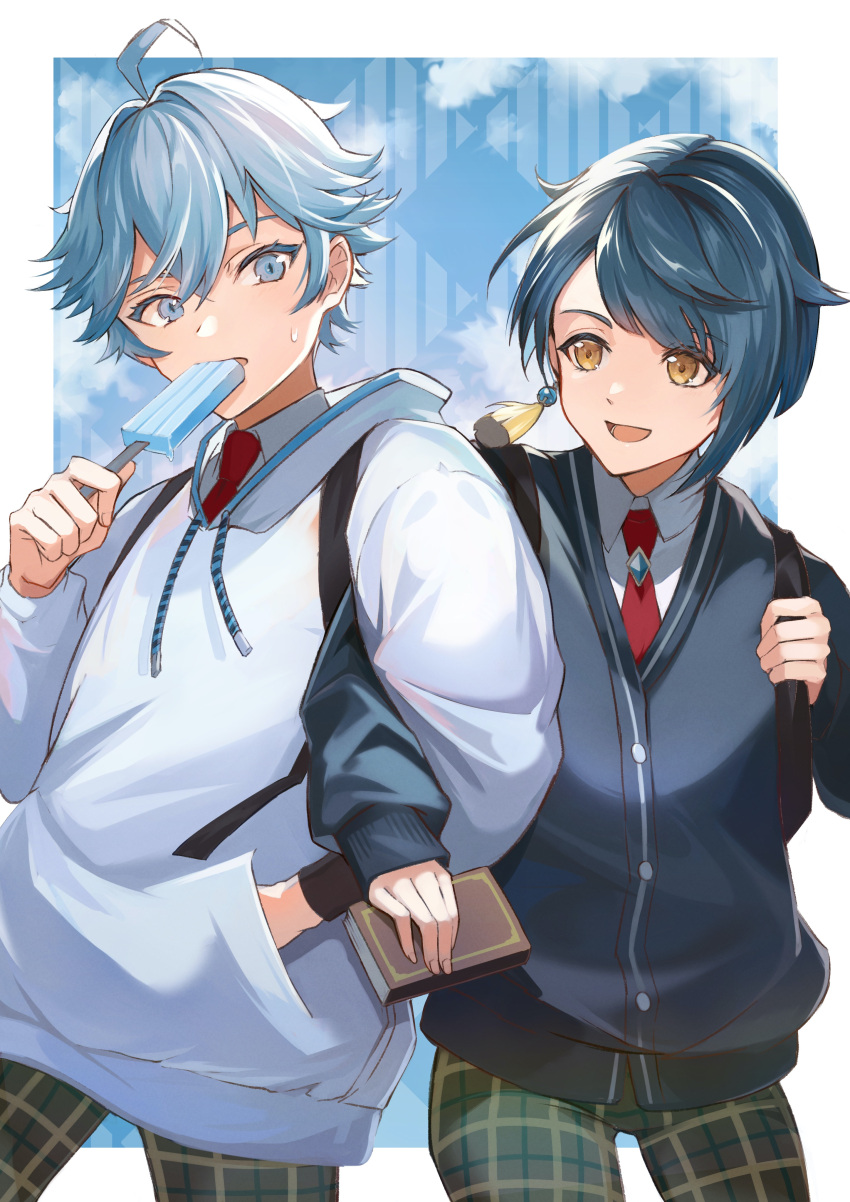 2boys absurdres alternate_costume backpack bag blue_eyes blue_hair blue_sweater chongyun_(genshin_impact) chongyun_(gigo)_(genshin_impact) earrings food genshin_impact hair_between_eyes highres holding holding_food holding_popsicle hood hoodie jewelry long_sleeves male_focus mikamimichael multiple_boys necktie open_mouth pants popsicle red_necktie short_hair single_earring sweater tassel tassel_earrings white_hoodie xingqiu_(genshin_impact) xingqiu_(gigo)_(genshin_impact) yellow_eyes
