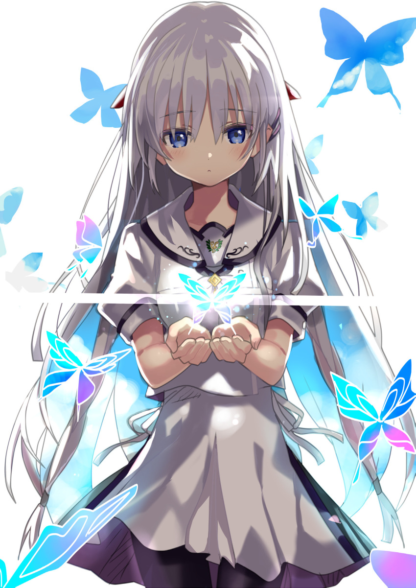 1girl ascot black_ascot blue_butterfly blue_eyes blunt_ends blush bug butterfly commentary cowboy_shot expressionless eyes_visible_through_hair glowing_butterfly hair_between_eyes hair_ornament hairclip hands_up highres light_particles long_hair looking_at_viewer naruse_shiroha non-web_source open_hands parted_lips puffy_short_sleeves puffy_sleeves ribbon sailor_collar school_uniform shino_(eefy) shirt short_sleeves simple_background skirt solo standing straight-on summer_pockets underlighting very_long_hair white_background white_hair white_ribbon white_sailor_collar white_shirt white_skirt