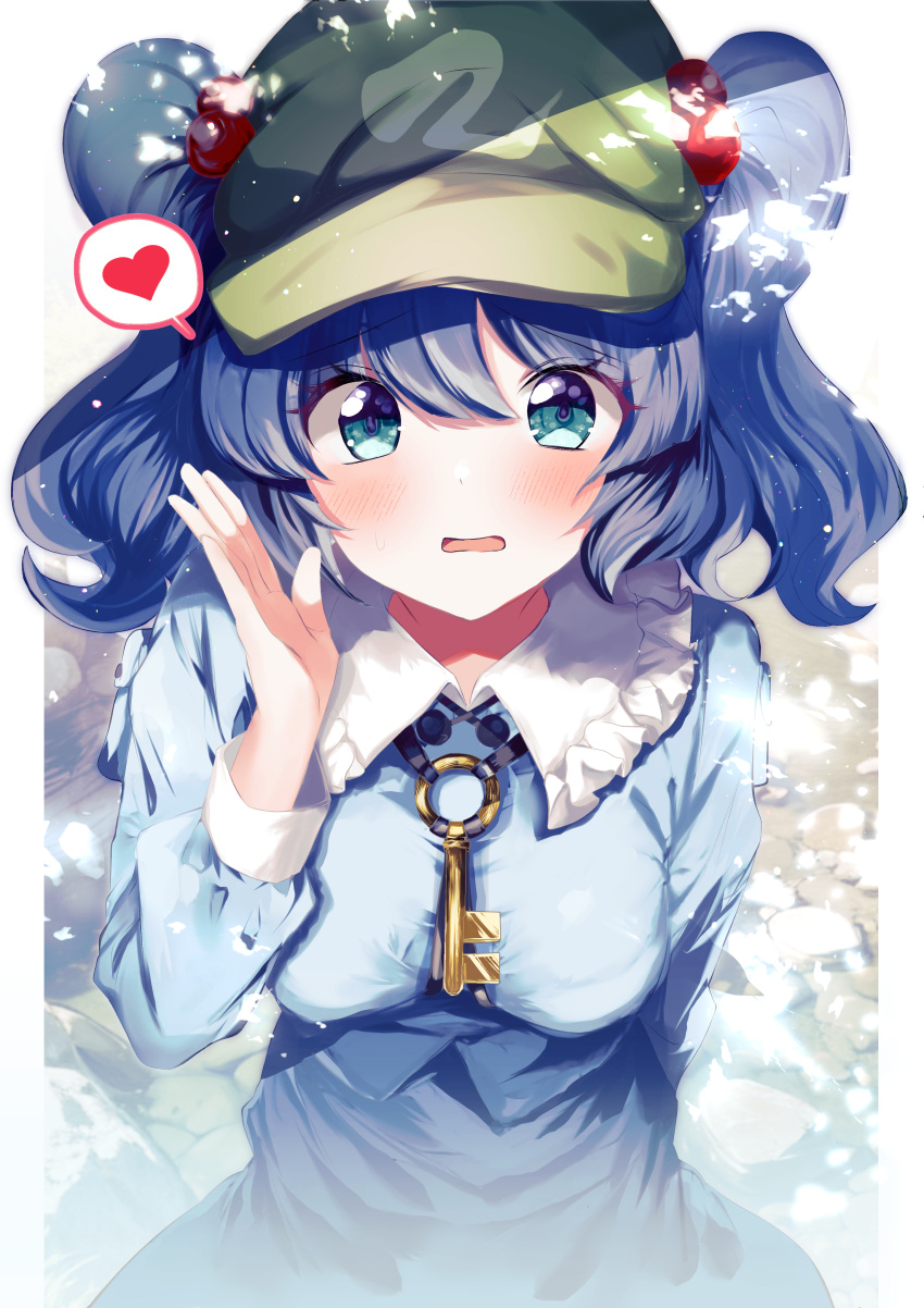1girl absurdres blue_eyes blue_hair blue_shirt blush breasts cabbie_hat commentary_request commission eyes_visible_through_hair fantasydolce frilled_shirt_collar frills hair_between_eyes hair_bobbles hair_ornament hand_up hat heart highres kawashiro_nitori key leaning_forward long_hair long_sleeves looking_at_viewer medium_breasts parted_lips revision shirt skeb_commission solo spoken_heart swept_bangs touhou two_side_up