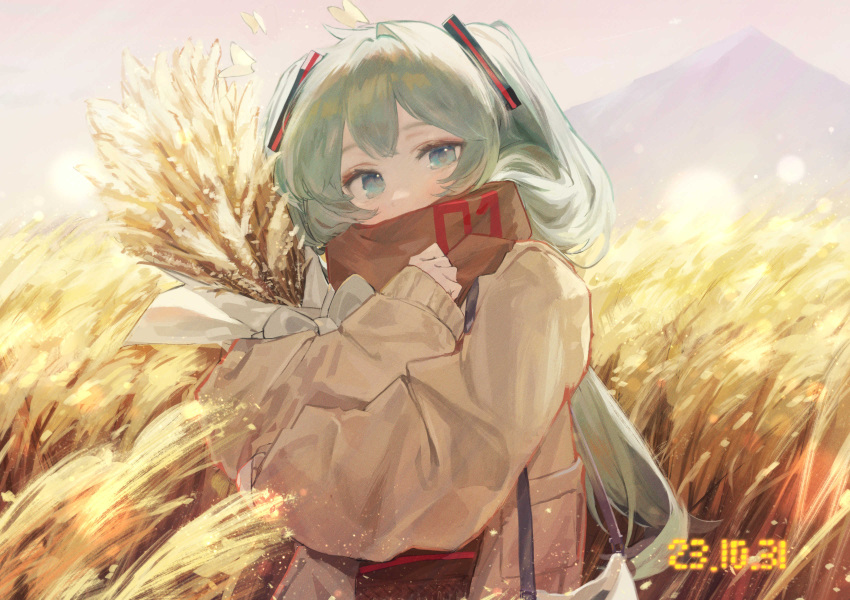 1girl absurdres aqua_eyes aqua_hair bag brown_scarf coat dated duplicate handbag hatsune_miku highres long_hair looking_at_viewer mihoranran outdoors pixel-perfect_duplicate scarf sleeves_past_wrists solo twintails upper_body vocaloid wheat wheat_field
