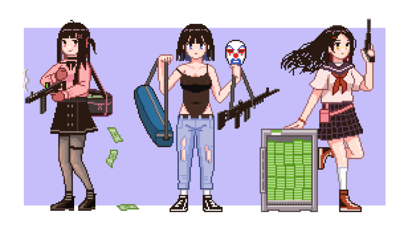 1girl 3girls aiming_up assault_rifle bag banknote belt belt_pouch black_bag black_bow black_bowtie black_camisole black_footwear black_hair black_skirt blue_bag blue_eyes blue_pants blue_sailor_collar blunt_bangs blunt_ends blush border bow bowtie breasts camisole closed_mouth clown_mask collarbone commentary currency_strap denim dollar_bill dress_shirt duffel_bag english_commentary floating_hair foot_up full_body grey_pantyhose gun hair_ornament hair_ribbon hairclip handbag handgun high_tops highres holding holding_bag jeans long_hair looking_ahead looking_to_the_side mask medium_breasts medium_hair mittens money multiple_girls neckerchief nino_berlin original outside_border pants pantyhose pink_belt pink_mittens pink_ribbon pink_sweater pixel_art plaid plaid_skirt pouch purple_background red_bracelet red_eyes red_footwear red_neckerchief ribbon rifle safe_(container) sailor_collar school_uniform shirt shoes short_sleeves skirt sleeveless smile smoke smoking_gun sneakers socks standing straight-on strap strap_slip suppressor sweater torn_clothes torn_jeans torn_pants two_side_up weapon white_border white_shirt white_socks wind x_hair_ornament yellow_eyes