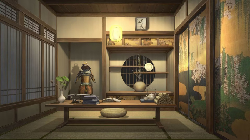 architecture armor book ceiling_light cup east_asian_architecture highres indoors japanese_armor no_humans open_book original plant scenery shouji sliding_doors table teacup teapot vase window xingzhi_lv
