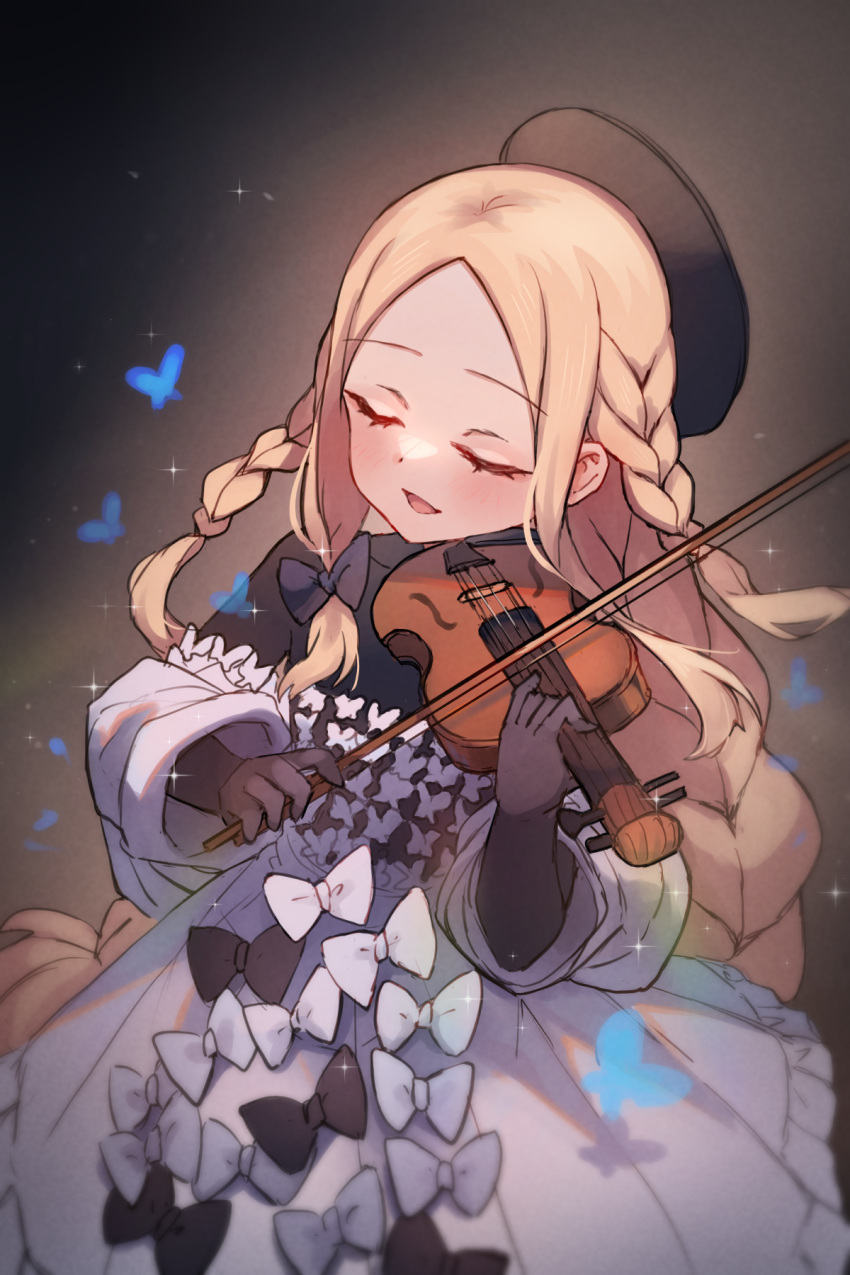 1girl abigail_williams_(event_portrait)_(fate) abigail_williams_(fate) black_headwear black_shirt blonde_hair blush bodystocking bow bow_(music) braid braided_ponytail breasts bug butterfly closed_eyes dress dress_bow fate/grand_order fate_(series) forehead grey_dress hat highres holding_violin instrument long_hair long_sleeves miya_(miyaruta) music off_shoulder open_mouth parted_bangs playing_instrument shirt sidelocks small_breasts smile solo very_long_hair violin