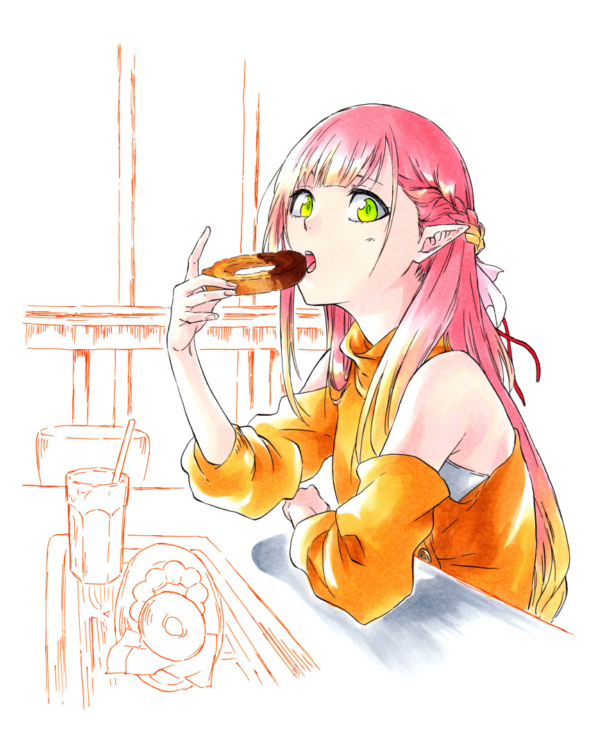1girl absurdres arm_on_table bare_shoulders braid cottage_project crown_braid cup doughnut eating food green_eyes hair_ribbon highres hinano_ui ken'ichi_(ken1ro_u) limited_palette looking_at_viewer multicolored_hair orange_shirt pink_hair pointy_ears ribbon shirt sitting solo two-tone_hair virtual_youtuber
