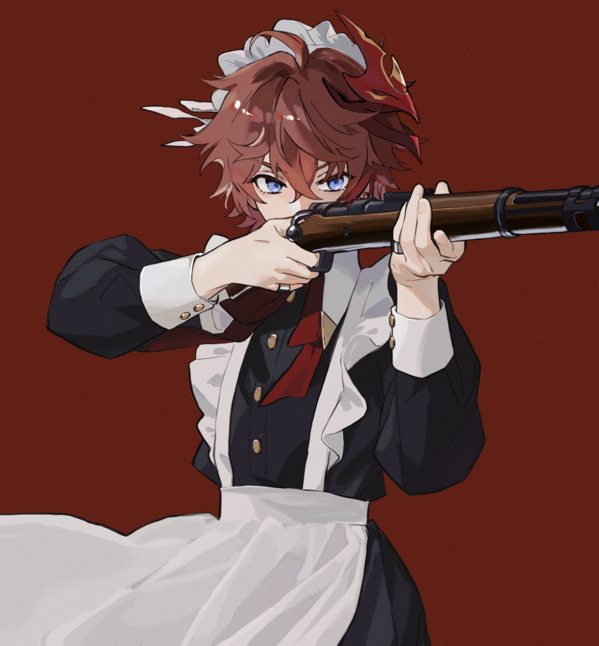 1boy absurdres alternate_costume apron arms_up black_dress blue_eyes bow bowtie buttons collared_dress covered_mouth crossdressing crossed_bangs dress earrings enmaided fingernails frills genshin_impact gun hair_between_eyes highres holding holding_gun holding_weapon huge_weapon jewelry long_sleeves looking_to_the_side maid maid_headdress male_focus mask mask_on_head mgrnov11 orange_hair puffy_long_sleeves puffy_sleeves red_background red_bow red_bowtie red_mask ring short_hair simple_background single_earring solo standing tartaglia_(genshin_impact) v-shaped_eyebrows weapon white_apron