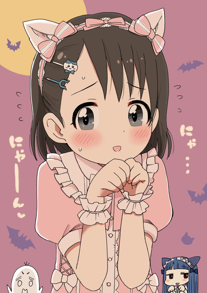 1other 2girls animal_ears black_eyes black_hair blue_bow blue_hair blush bow cat_ears clenched_hands commentary dot_nose dress fake_animal_ears frilled_dress frilled_hairband frilled_wristband frills full_moon hair_ornament hairband hairclip hands_up highres idolmaster idolmaster_cinderella_girls jitome long_hair looking_at_viewer moon multiple_girls noise_(mokusei) open_mouth pink_bow pink_dress pink_hairband puffy_short_sleeves puffy_sleeves purple_background red_eyes sajo_yukimi sasaki_chie short_hair short_sleeves smile sweat translation_request upper_body white_bow