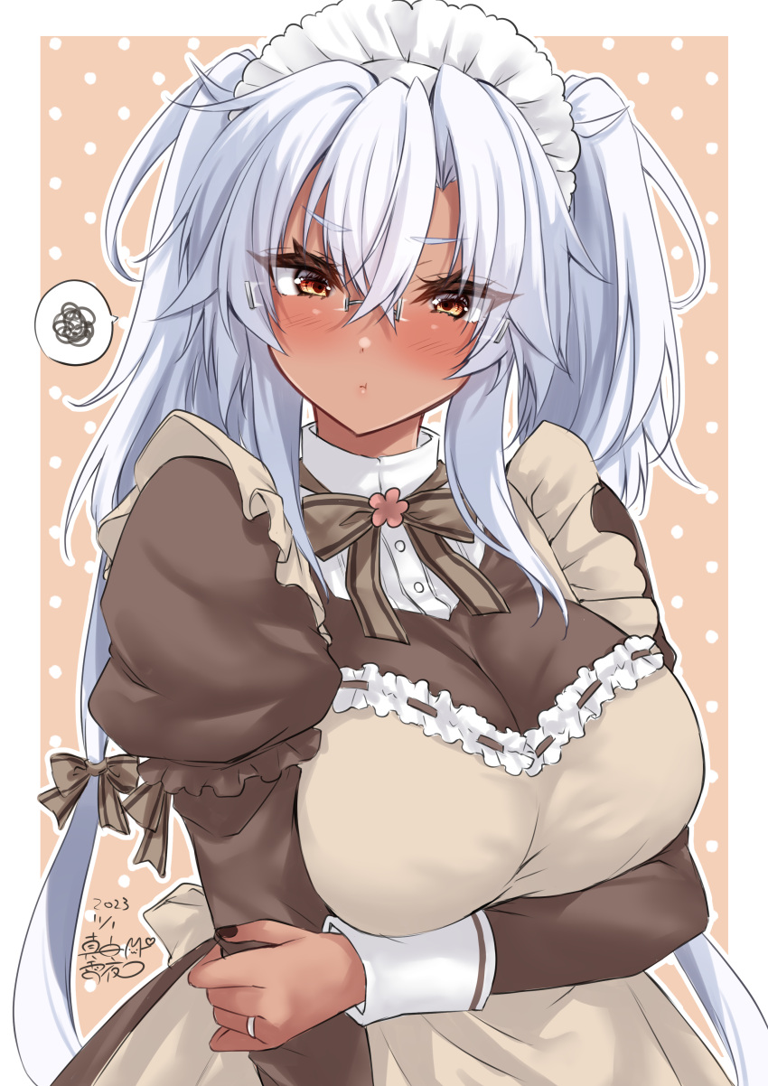 1girl absurdres alternate_costume apron blush breasts dark-skinned_female dark_skin embarrassed enmaided glasses grey_hair hair_between_eyes highres kantai_collection large_breasts long_hair looking_at_viewer maid mashiro_yukiya musashi_(kancolle) pointy_hair red_eyes solo twintails two_side_up
