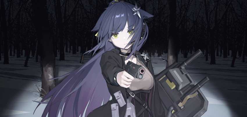 1girl absurdres aiming aiming_at_viewer animal_ears arknights bare_tree black_jacket black_skirt blue_hair cat_ears cat_girl extra_ears forest frown ganjiang green_eyes grey_shirt gun hair_ornament headset highres holding holding_gun holding_shield holding_weapon jacket jessica_(arknights) jessica_the_liberated_(arknights) long_hair looking_at_viewer nature night official_alternate_costume open_clothes open_jacket shield shirt skirt snow solo tree upper_body very_long_hair weapon