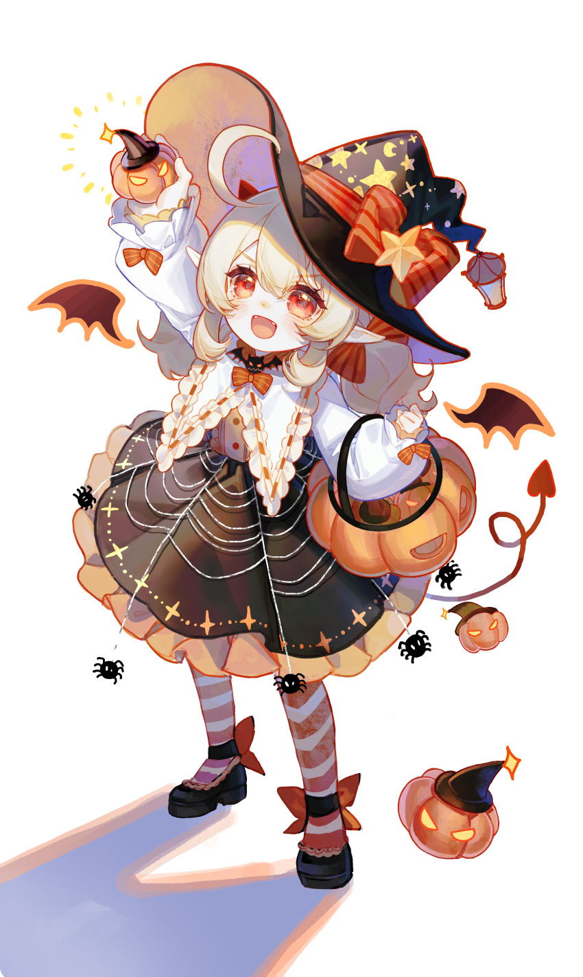 1girl :d absurdres arm_up black_footwear black_headwear black_skirt blonde_hair bow bug commentary_request cowlick demon_tail detached_wings fang food genshin_impact halloween_bucket halloween_costume hat hat_bow hat_ornament highres holding holding_food holding_pumpkin holding_vegetable klee_(genshin_impact) long_hair long_sleeves looking_at_viewer mumian_doufu open_mouth orange_pantyhose pantyhose pointy_ears pumpkin red_bow red_eyes shirt shoes simple_background skirt smile solo spider spider_web_print star_(symbol) star_hat_ornament star_print tail two-tone_pantyhose vegetable white_background white_pantyhose white_shirt wings witch_hat